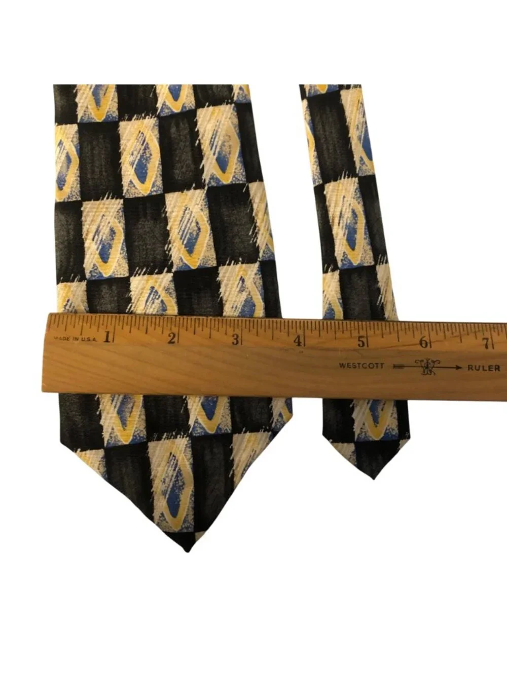 John Blair Mens Silk Necktie Vintage Classic Geometric Black Yellow Blue Office